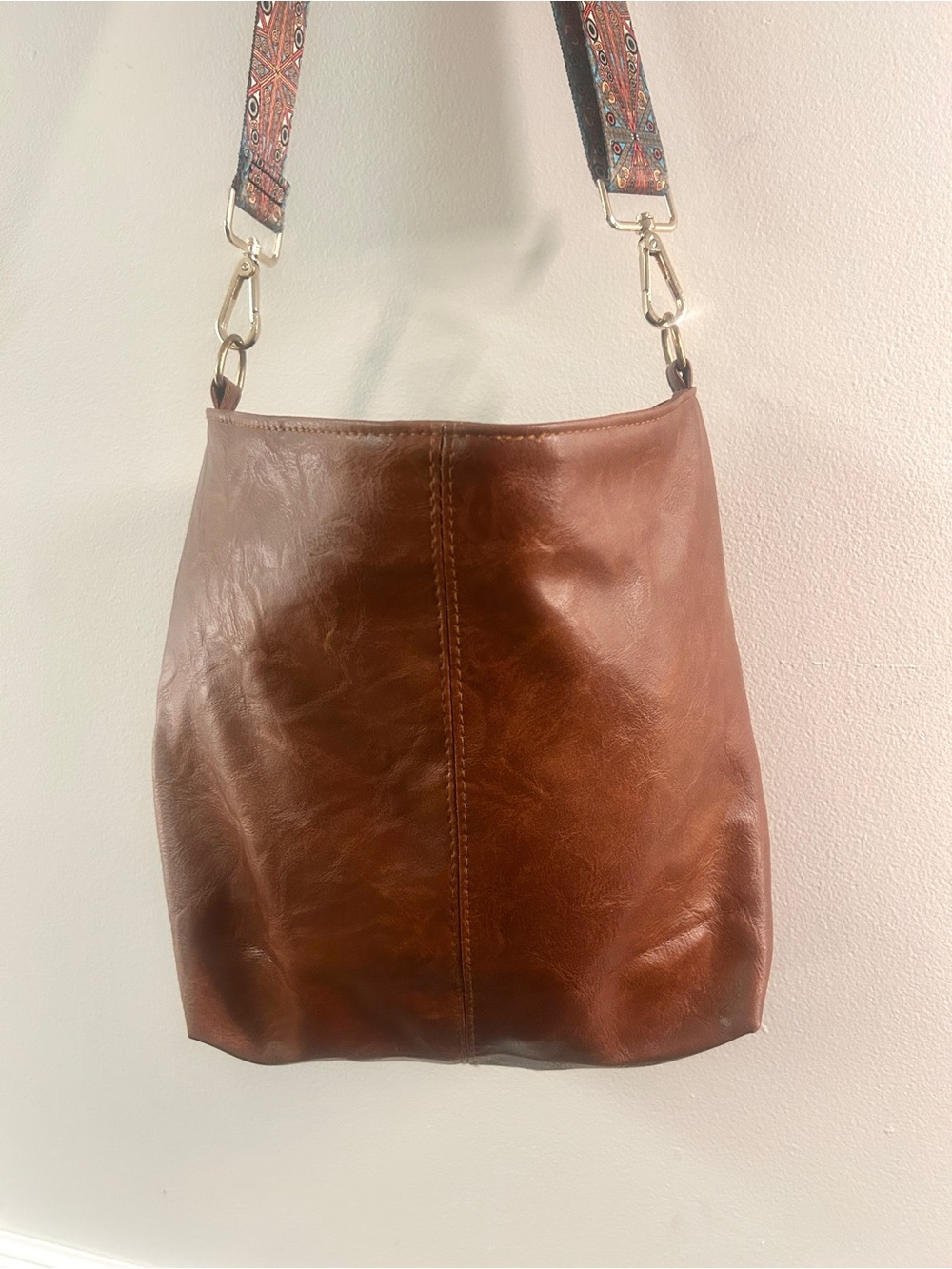 Vintage Brown Leather Shoulder Bag with Boho Nylon Strap